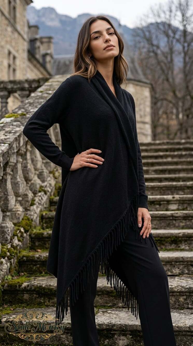Unbranded Fringe Knit Cardigan Size M Black Shawl Wrap Sweater
